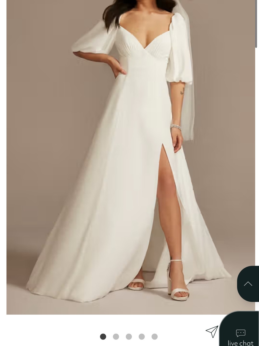 David's Bridal Ivory V-Neck Puff Sleeve Wedding Gown with Thigh Slit